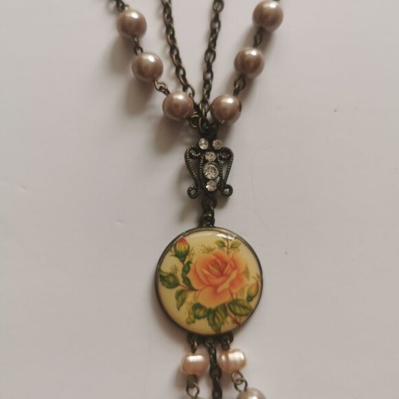 Coral Rose Faux Pink Pearl Danglers Pendant Necklace Beads Cottagecore Retro - Picture 3 of 8